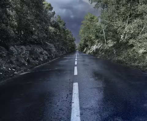 A wet road on a cloudy automn day