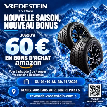 Jusqu'à 60€ en bons d'achats Amazon pour l'achat de pneus Vredestein chez Point S Belgique