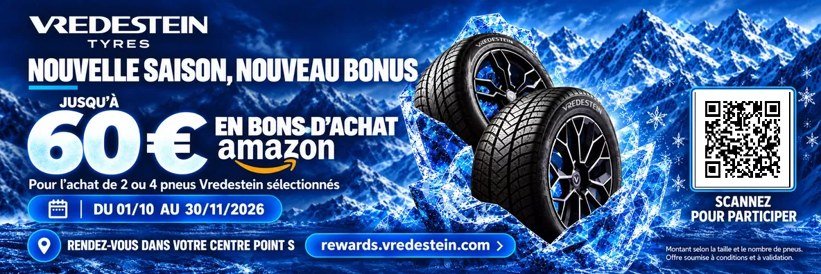 Jusqu'à 60€ en bons d'achats Amazon pour l'achat de pneus Vredestein chez Point S Belgique